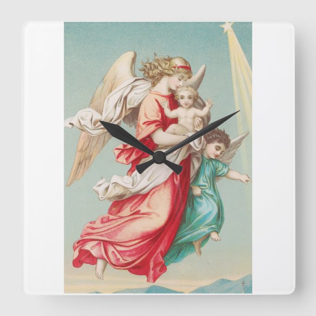 Two angels wear a small child square wall clock (Front)