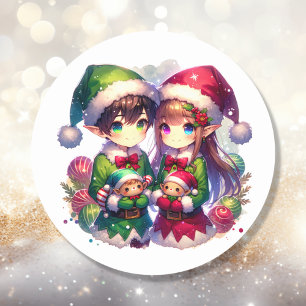 Two Anime Elves Cute Christmas Classic Round Sticker