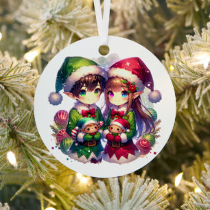 Two Anime Elves   Cute Christmas Metal Tree Decoration