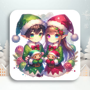 Two Anime Elves Cute Christmas Square Sticker