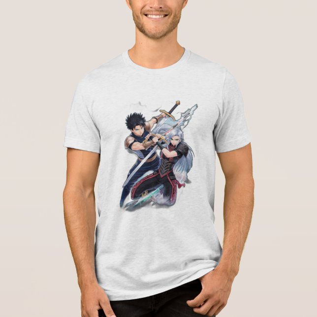 Two anime warriors clashing swords, Tri-Blend shirt (Front)