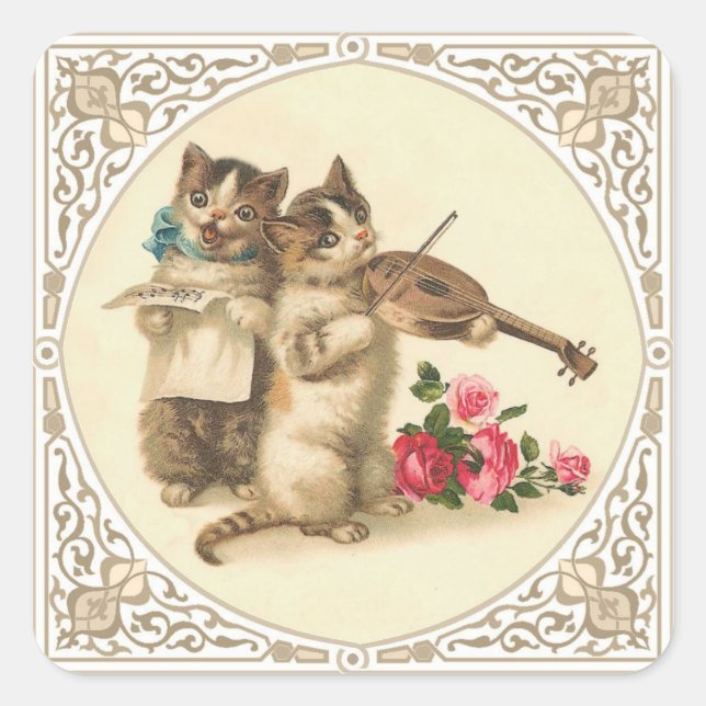 Two Anthropomorphic Kittens Playing Music Square Sticker (Front)