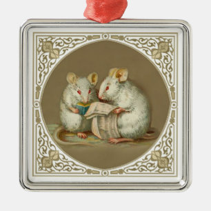 Two Anthropomorphic Mice Reading Metal Tree Decoration