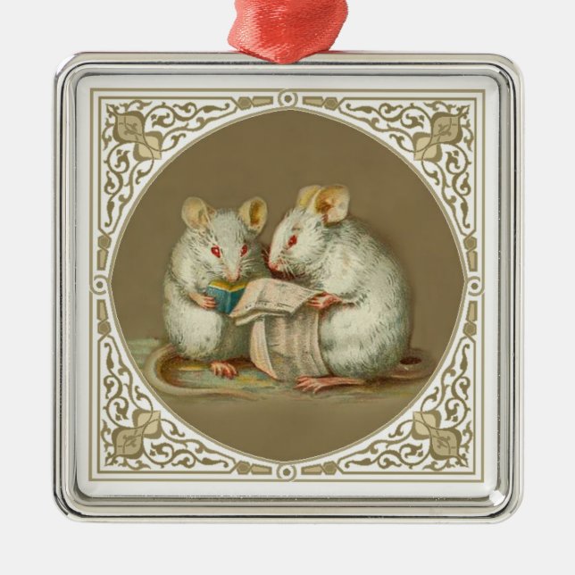 Two Anthropomorphic Mice Reading Metal Tree Decoration (Front)
