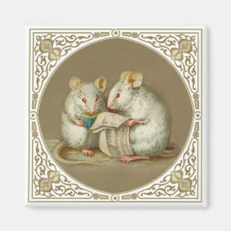 Two Anthropomorphic White Mice Reading Paper Magnet