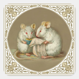 Two Anthropomorphic White Mice Reading Square Sticker