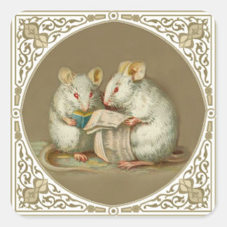 Two Anthropomorphic White Mice Reading Square Sticker