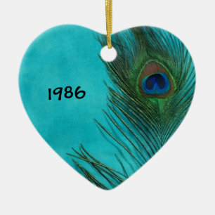 Two Aqua Peacock Feathers Ceramic Tree Decoration