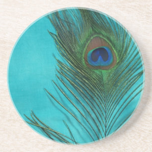 Two Aqua Peacock Feathers Coaster