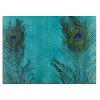 Two Aqua Peacock Feathers Cutting Board