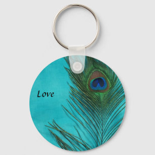 Two Aqua Peacock Feathers Key Ring
