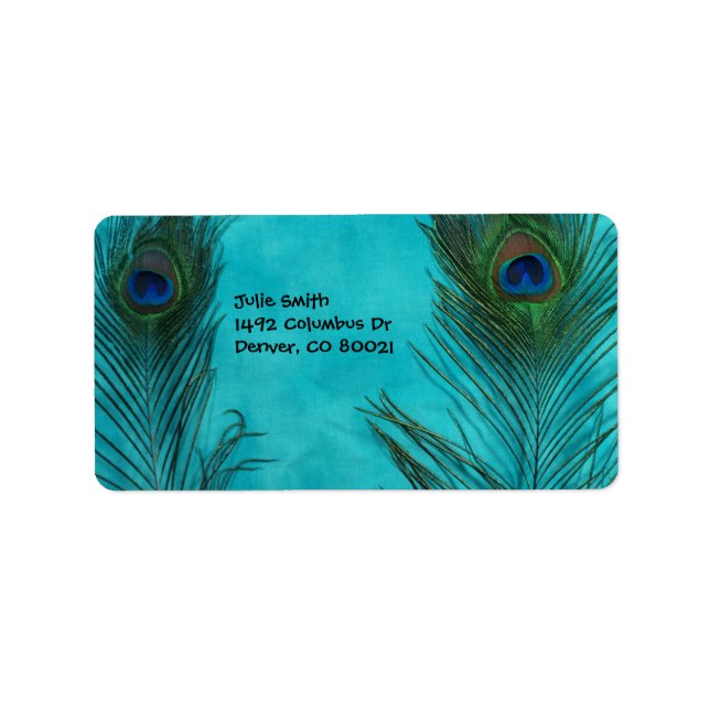 Two Aqua Peacock Feathers Label (Front)