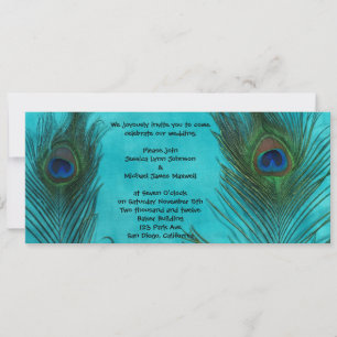 Two Aqua Peacock Feathers Wedding Invitation