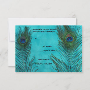 Two Aqua Peacock Feathers Wedding RSVP Cards