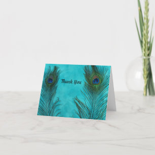 Two Aqua Peacock Feathers Wedding Thank You Cards