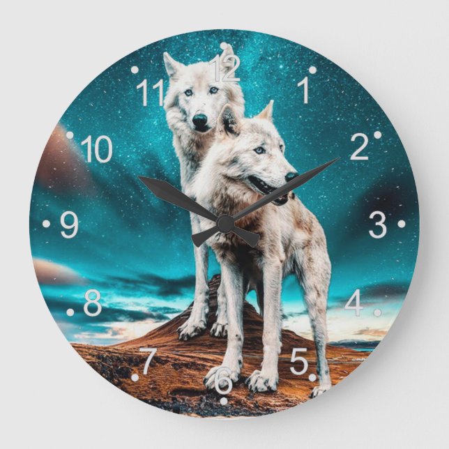 Two Arctic Wolves Large Clock (Front)