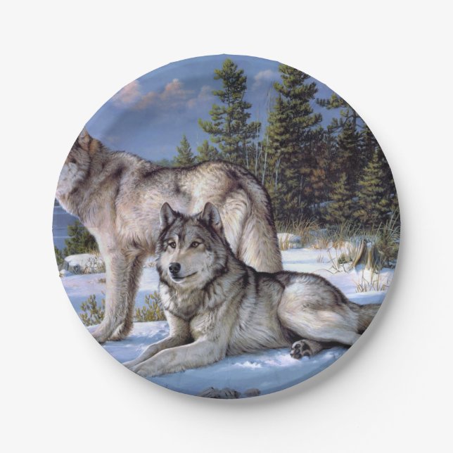 Two arctic wolves painting paper plate (Front)
