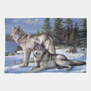 Two arctic wolves painting tea towel