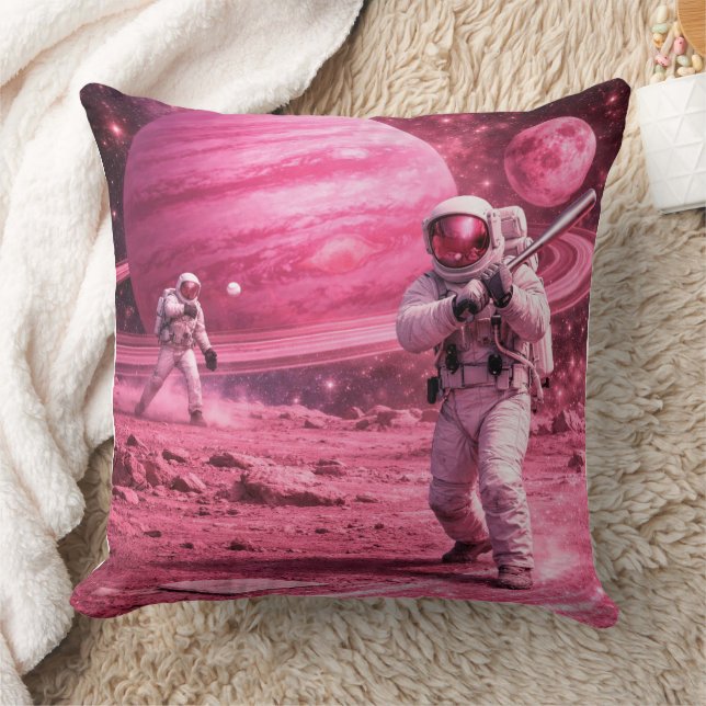 Two Astronauts Playing Baseball on Pink Planet Cushion (Blanket)