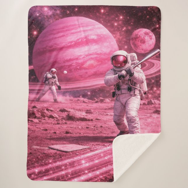Two Astronauts Playing Baseball on Pink Planet Sherpa Blanket (Front)
