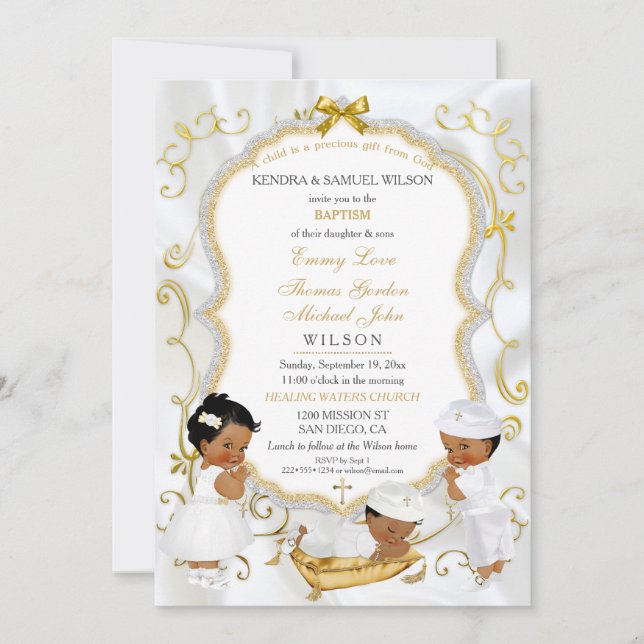 Two Baby Boys & Girl Baptism Christening Gold Invitation (Front)