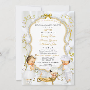Two Baby Boys & Girl  Baptism Christening Gold Invitation