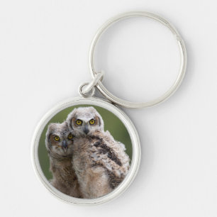 Two Baby Great Horned Owls Key Ring