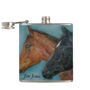 Two baby horses black foal chestnut foal portrait hip flask