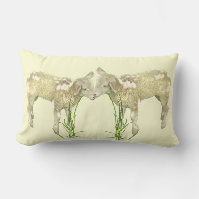 Two Baby Lambs on Yellow Lumbar Outdoor Pillow (Front)