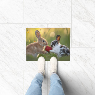 Two Baby Rabbits Sharing a Large Ripe Strawberry Doormat