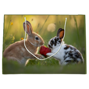 Two Baby Rabbits Sharing a Large Ripe Strawberry Gift Bag