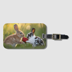 Two Baby Rabbits Sharing a Large Ripe Strawberry Luggage Tag