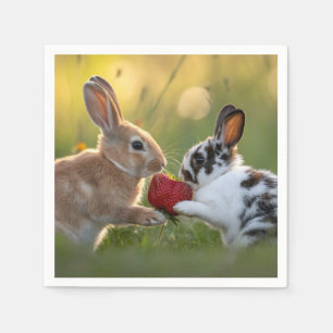 Two Baby Rabbits Sharing a Large Ripe Strawberry Napkin
