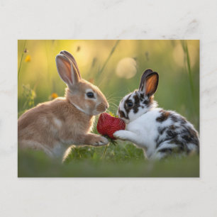Two Baby Rabbits Sharing a Large Ripe Strawberry Postcard