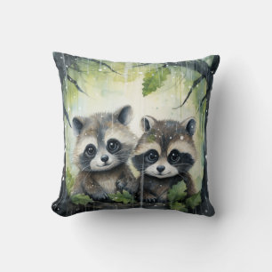 Two Baby Raccoons in the Rain Cushion