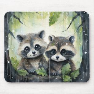 Two Baby Raccoons in the Rain Mouse Pad