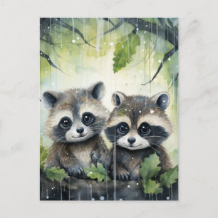 Two Baby Raccoons in the Rain Postcard