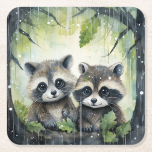 Two Baby Raccoons in the Rain Square Paper Coaster