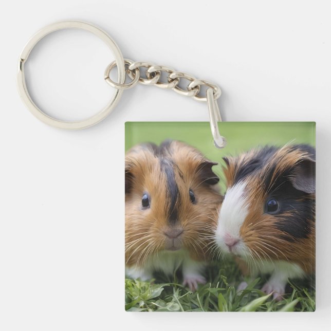 Two Baby Tortoiseshell Guinea Pigs, Key Ring (Front)