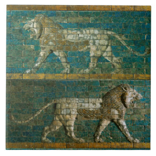 TWO BABYLONIAN  LIONS Antique Assyrian Art Ceramic Tile