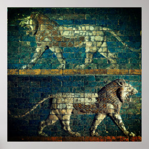 TWO BABYLONIAN LIONS Antique Assyrian Art  Poster