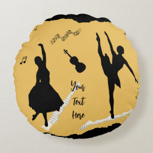 Two Ballet Dancers and Music on Golden Beige Colou Round Cushion