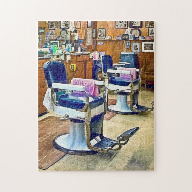 Two Barber Chairs With Pink Striped Barber Capes Jigsaw Puzzle (Vertical)