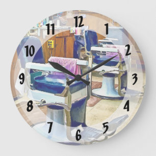 Two Barber Chairs With Pink Striped Barber Capes Large Clock