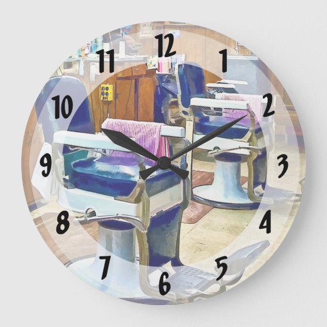 Two Barber Chairs With Pink Striped Barber Capes Large Clock (Front)