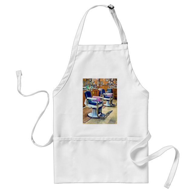 Two Barber Chairs With Pink Striped Barber Capes Standard Apron (Front)