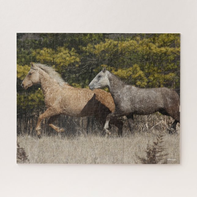 Two Bashkir Curly Horses Running Together Jigsaw Puzzle (Horizontal)