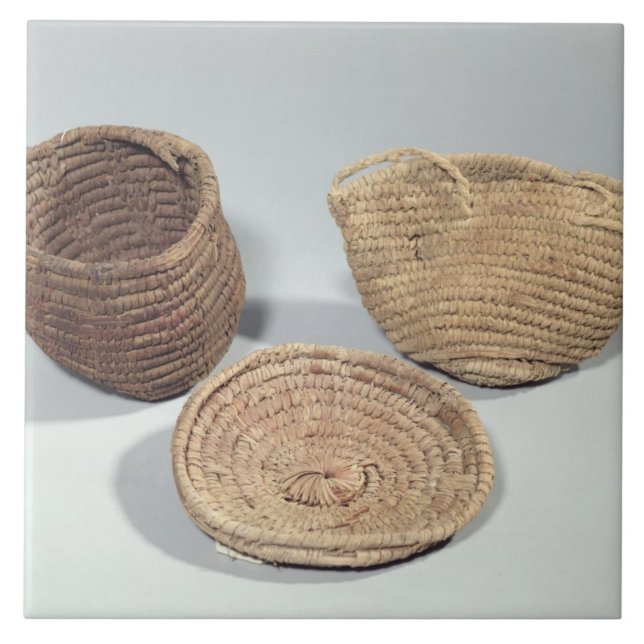 Two baskets and a cover (woven palm fronds) ceramic tile (Front)
