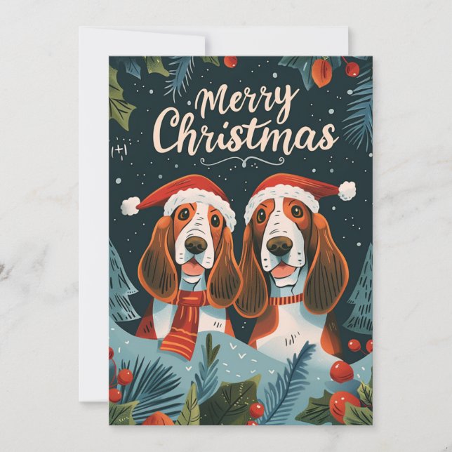 Two Basset Hound Merry Christmas  Holiday Card (Front)