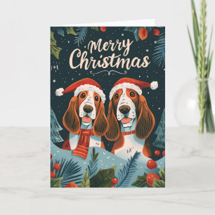 Two Basset Hound Merry Christmas Personalised Holiday Card